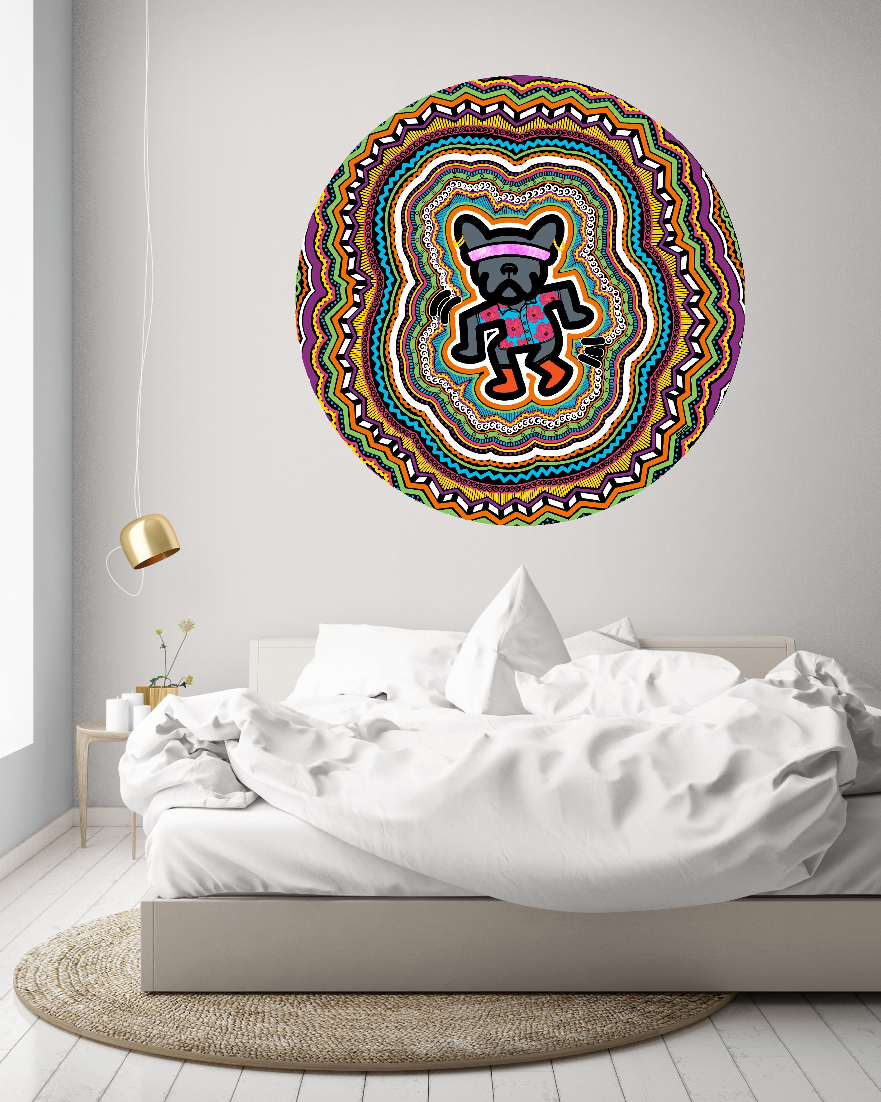 mandala pop art tableau support décoration intérieure expo lumière tableau salon peintre belge toiles exposition artiste belge matière décoration exterieur artiste belge décoration d’extérieur jardin déco extérieure decoration exterieures artistes belges original peinture couleurs Keith haring rond cercle flashy peps good vibes cadre cadres beau decoratie belgique local aluminium résistant waterproof imperméable Bruxelles Brussel impression bulldog français français chien petit gizmo