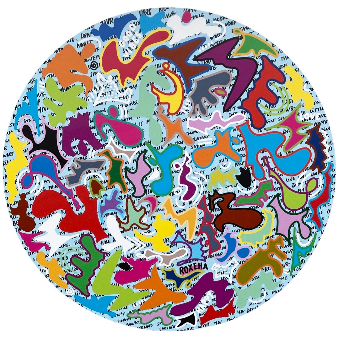 ROXEHA Tableau rond mandala pop art tableau support décoration intérieure lumière tableau salon peintre belge expo exposition artiste belge matière décoration exterieur artiste belge décoration d’extérieur jardin déco extérieure decoration exterieures artistes belges original peinture couleurs limited edition rond cool trippy formes vormen shapes