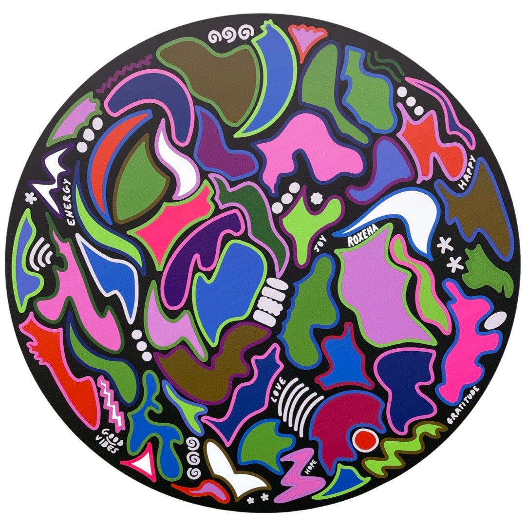 ROXEHA Tableau rond mandala pop art tableau support décoration intérieure lumière tableau salon peintre belge expo exposition artiste belge matière décoration exterieur artiste belge décoration d’extérieur jardin déco extérieure decoration exterieures artistes belges original peinture couleurs limited edition rond cool trippy formes vormen shapes