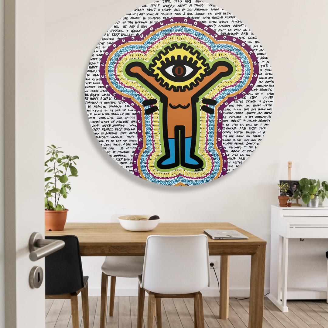 ROXEHA Tableau rond mandala pop art tableau support décoration intérieure lumière tableau salon peintre belge expo exposition artiste belge matière décoration exterieur artiste belge décoration d’extérieur jardin déco extérieure decoration exterieures artistes belges original peinture couleurs limited edition rond cool