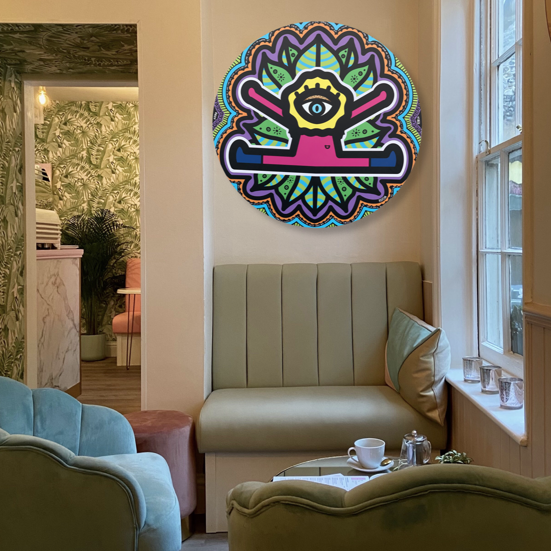 ROXEHA Tableau rond mandala pop art tableau support décoration intérieure lumière tableau salon peintre belge expo exposition artiste belge matière décoration exterieur artiste belge décoration d’extérieur jardin déco extérieure decoration exterieures artistes belges original peinture couleurs limited edition rond cool frenchie french bulldog manneken pis peace surf surfeur sea board chill wind waves cloud clouds sun sunny love is the key