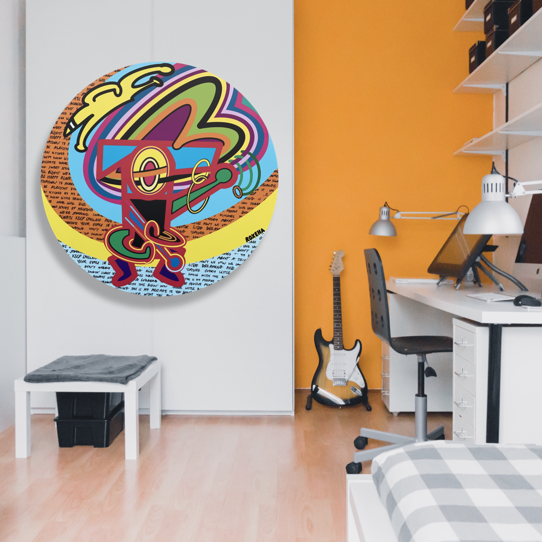 ROXEHA Tableau rond mandala pop art tableau support décoration intérieure lumière tableau salon peintre belge expo exposition artiste belge matière décoration exterieur artiste belge décoration d’extérieur jardin déco extérieure decoration exterieures artistes belges original peinture couleurs limited edition rond cool frenchie french bulldog manneken pis peace surf surfeur sea board chill wind waves cloud clouds sun sunny love is the key trippy eyes