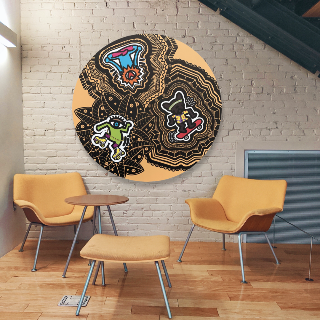 ROXEHA Tableau rond mandala pop art tableau support décoration intérieure lumière tableau salon peintre belge expo exposition artiste belge matière décoration exterieur artiste belge décoration d’extérieur jardin déco extérieure decoration exterieures artistes belges original peinture couleurs limited edition rond cool frenchie french bulldog manneken pis peace surf surfeur sea board chill wind waves cloud clouds sun sunny LOVE IS THE KEY
