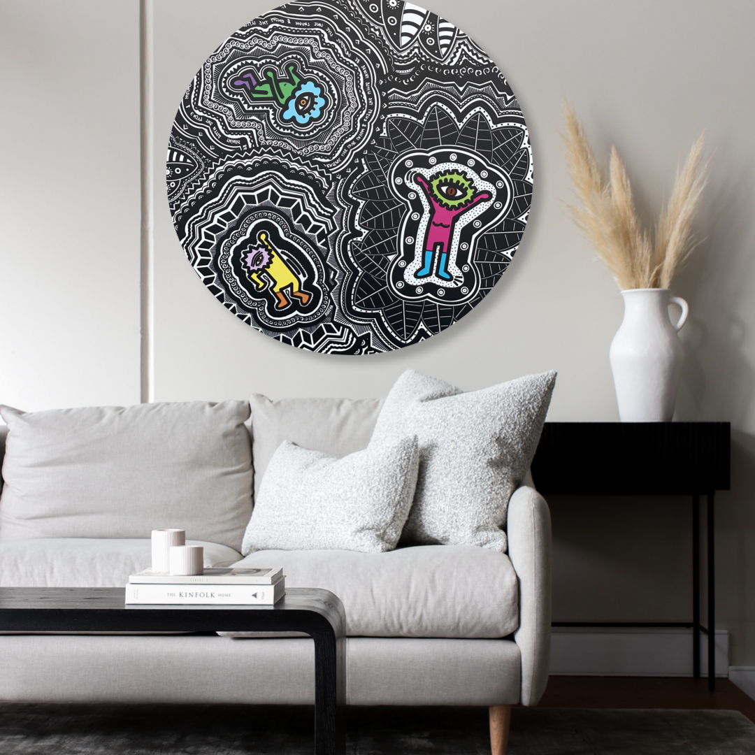 ROXEHA Tableau rond mandala pop art tableau support décoration intérieure lumière tableau salon peintre belge expo exposition artiste belge matière décoration exterieur artiste belge décoration d’extérieur jardin déco extérieure decoration exterieures artistes belges original peinture couleurs limited edition rond cool frenchie french bulldog manneken pis peace surf surfeur sea board chill wind waves cloud clouds sun sunny love is the key trippy
