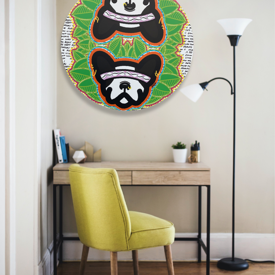 ROXEHA Tableau rond mandala pop art tableau support décoration intérieure lumière tableau salon peintre belge expo exposition artiste belge matière décoration exterieur artiste belge décoration d’extérieur jardin déco extérieure decoration exterieures artistes belges original peinture couleurs limited edition rond cool frenchie french bulldog