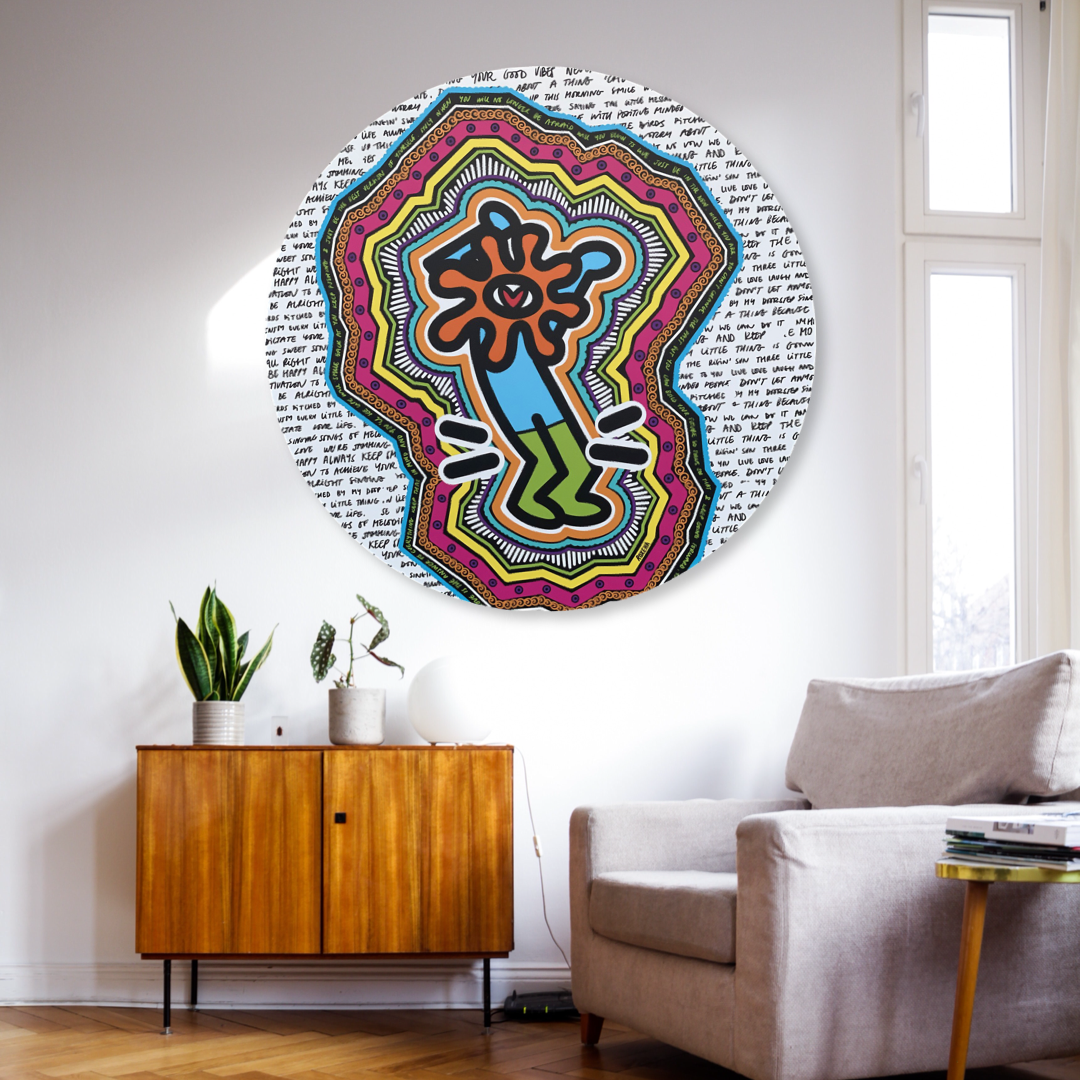 ROXEHA Tableau rond mandala pop art tableau support décoration intérieure lumière tableau salon peintre belge expo exposition artiste belge matière décoration exterieur artiste belge décoration d’extérieur jardin déco extérieure decoration exterieures artistes belges original peinture couleurs limited edition rond cool frenchie french bulldog manneken pis peace surf surfeur sea board chill wind waves cloud clouds sun sunny