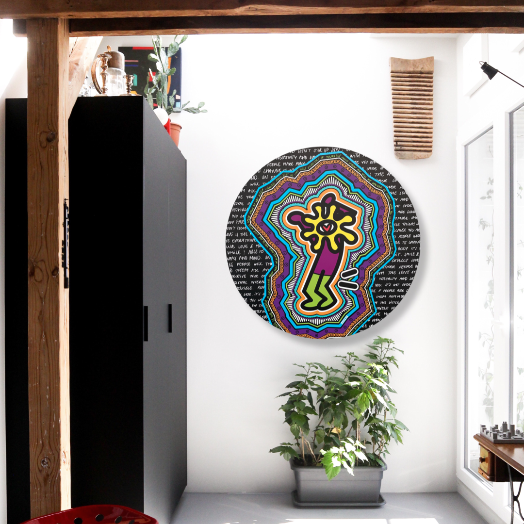 ROXEHA Tableau rond mandala pop art tableau support décoration intérieure lumière tableau salon peintre belge expo exposition artiste belge matière décoration exterieur artiste belge décoration d’extérieur jardin déco extérieure decoration exterieures artistes belges original peinture couleurs limited edition rond cool frenchie french bulldog manneken pis peace surf surfeur sea board chill wind waves cloud clouds sun sunny