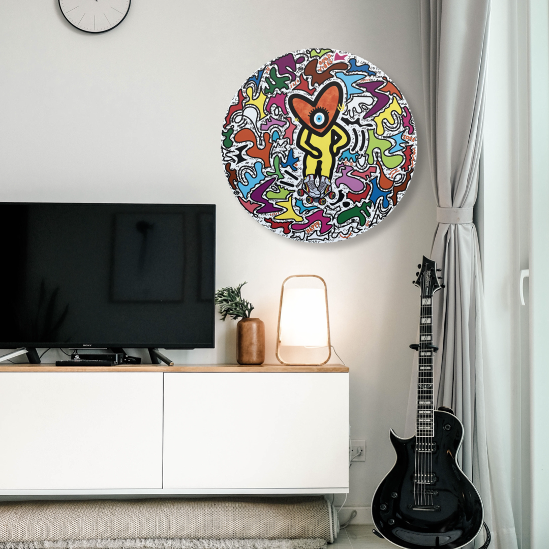 ROXEHA Tableau rond mandala pop art tableau support décoration intérieure lumière tableau salon peintre belge expo exposition artiste belge matière décoration exterieur artiste belge décoration d’extérieur jardin déco extérieure decoration exterieures artistes belges original peinture couleurs limited edition rond cool frenchie french bulldog manneken pis peace