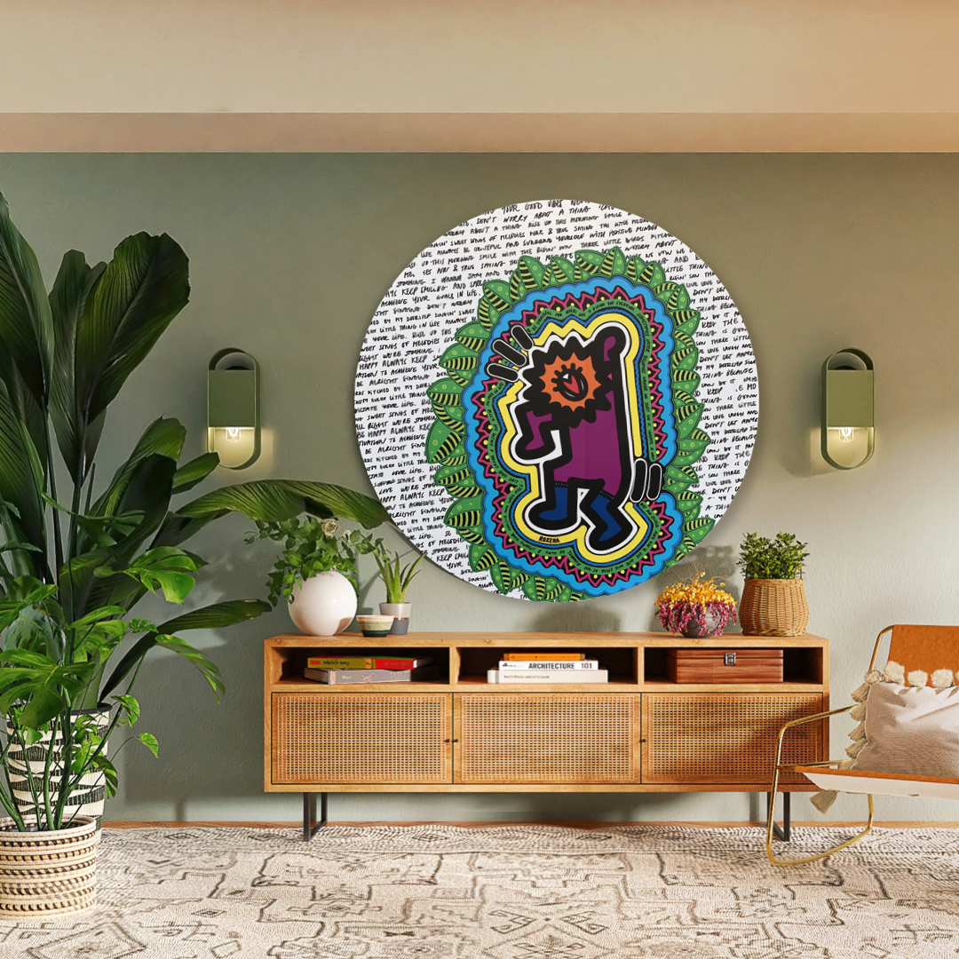 ROXEHA Tableau rond mandala pop art tableau support décoration intérieure lumière tableau salon peintre belge expo exposition artiste belge matière décoration exterieur artiste belge décoration d’extérieur jardin déco extérieure decoration exterieures artistes belges original peinture couleurs limited edition rond cool frenchie french bulldog manneken pis peace surf surfeur sea board chill wind waves cloud clouds sun sunny love is the key trippy