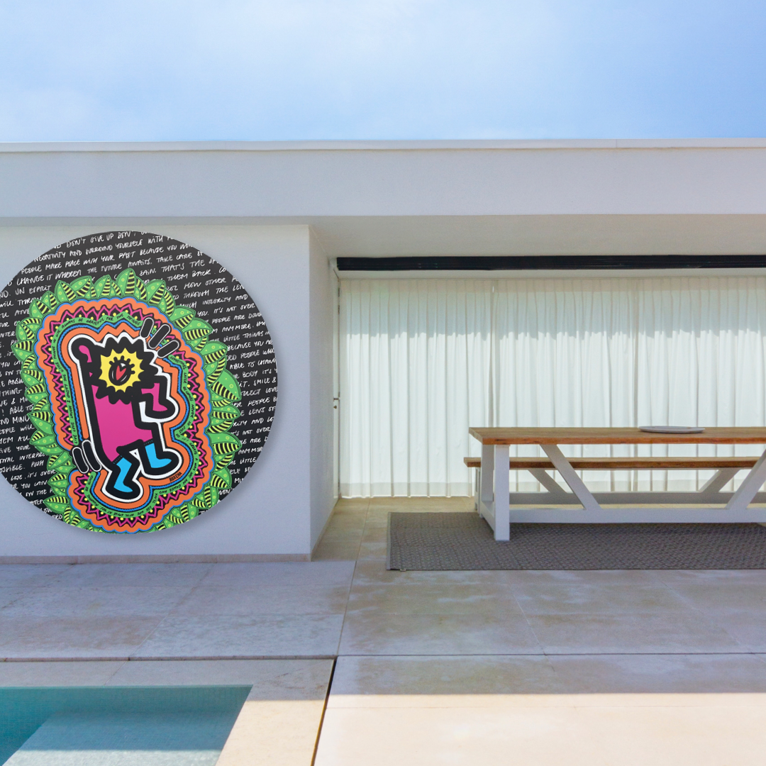 ROXEHA Tableau rond mandala pop art tableau support décoration intérieure lumière tableau salon peintre belge expo exposition artiste belge matière décoration exterieur artiste belge décoration d’extérieur jardin déco extérieure decoration exterieures artistes belges original peinture couleurs limited edition rond cool frenchie french bulldog manneken pis peace surf surfeur sea board chill wind waves cloud clouds sun sunny LOVE IS THE KEY