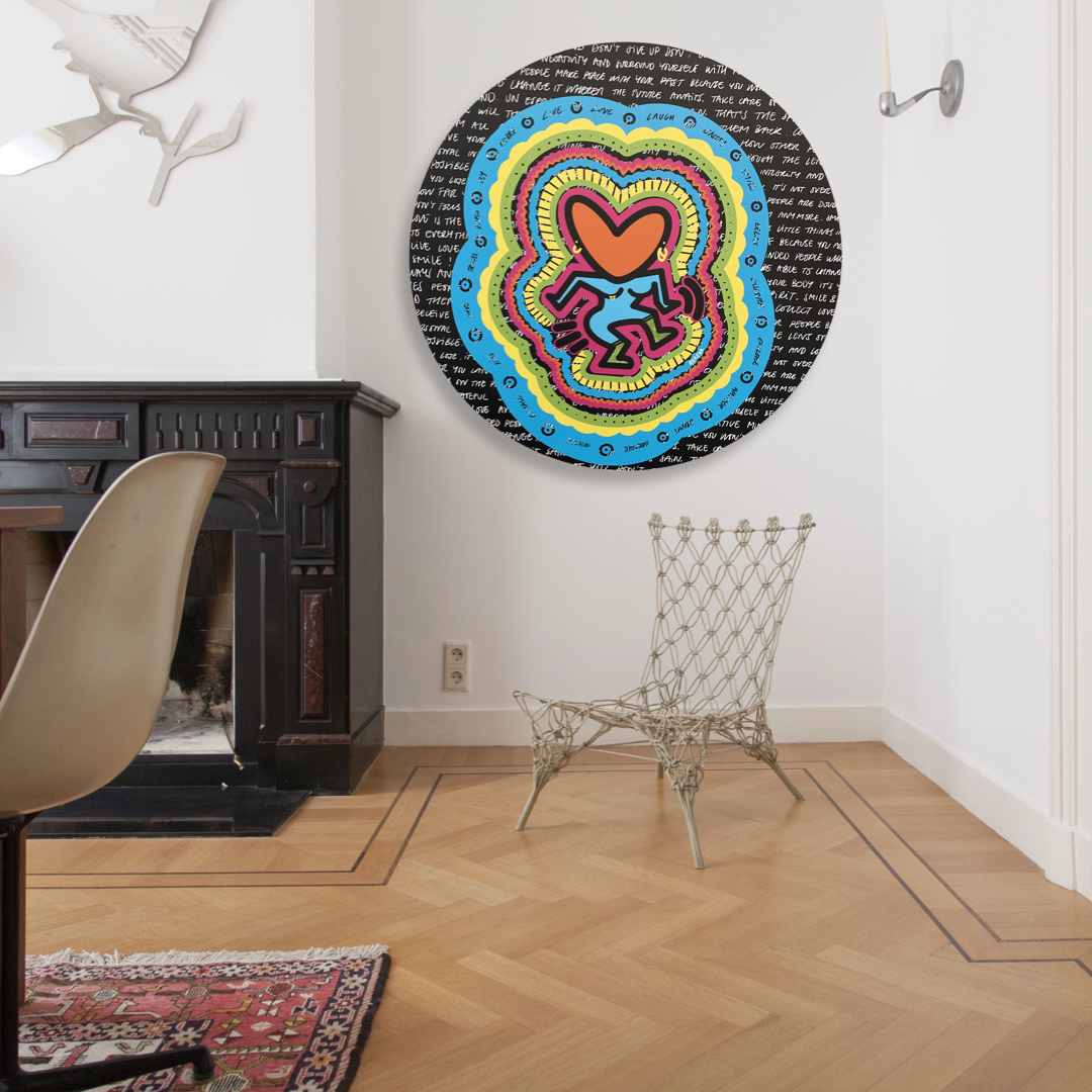 ROXEHA Tableau rond mandala pop art tableau support décoration intérieure lumière tableau salon peintre belge expo exposition artiste belge matière décoration exterieur artiste belge décoration d’extérieur jardin déco extérieure decoration exterieures artistes belges original peinture couleurs limited edition rond cool