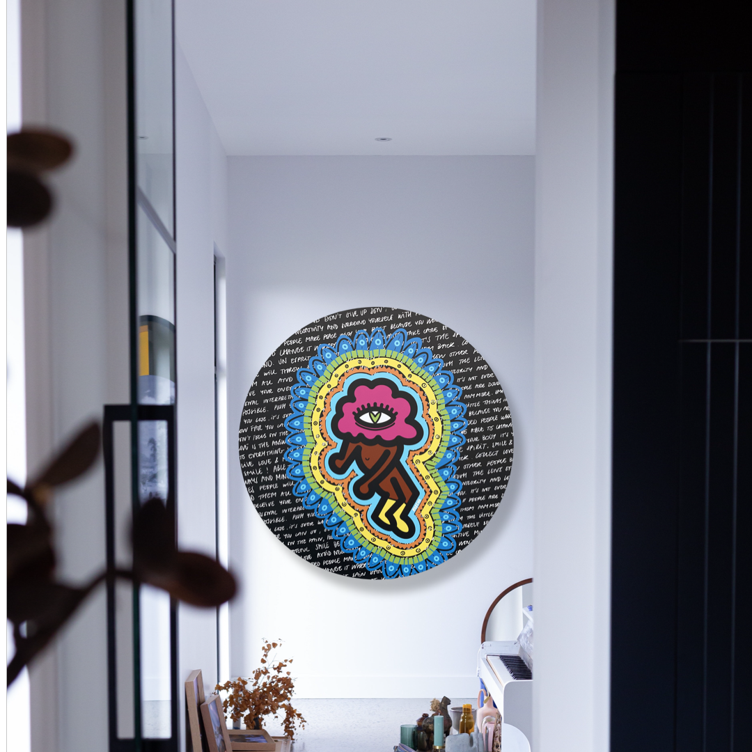 ROXEHA Tableau rond mandala pop art tableau support décoration intérieure lumière tableau salon peintre belge expo exposition artiste belge matière décoration exterieur artiste belge décoration d’extérieur jardin déco extérieure decoration exterieures artistes belges original peinture couleurs limited edition rond cool frenchie french bulldog manneken pis peace surf surfeur sea board chill wind waves cloud clouds