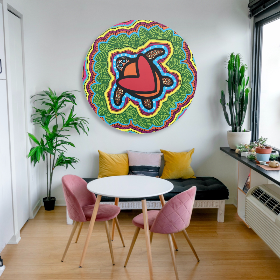 ROXEHA Tableau rond mandala pop art tableau support décoration intérieure lumière tableau salon peintre belge expo exposition artiste belge matière décoration exterieur artiste belge décoration d’extérieur jardin déco extérieure decoration exterieures artistes belges original peinture couleurs limited edition rond cool tortue turtle schildpad