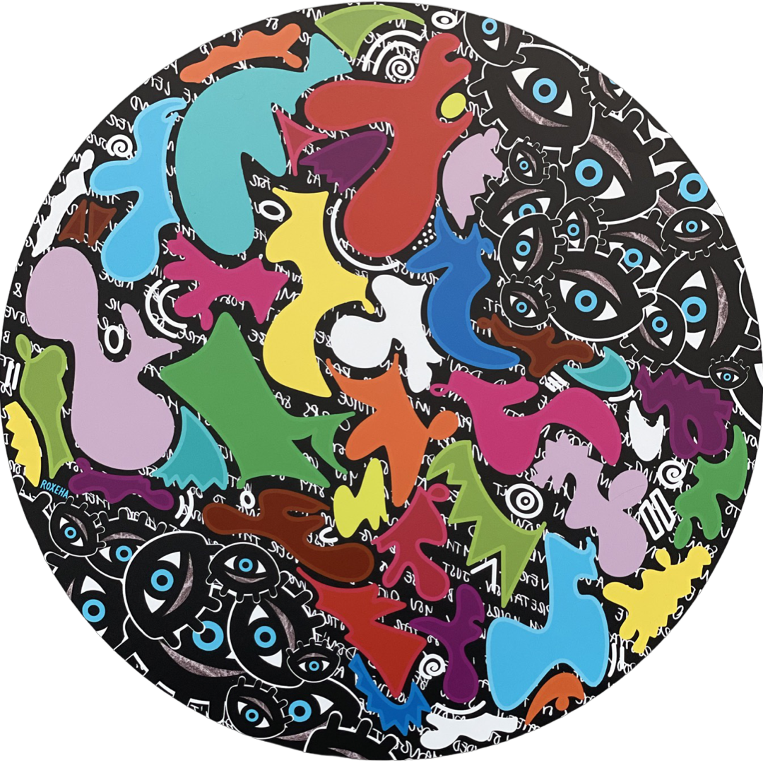 ROXEHA Tableau rond mandala pop art tableau support décoration intérieure lumière tableau salon peintre belge expo exposition artiste belge matière décoration exterieur artiste belge décoration d’extérieur jardin déco extérieure decoration exterieures artistes belges original peinture couleurs limited edition rond cool frenchie french bulldog manneken pis peace surf surfeur sea board chill wind waves cloud clouds sun sunny love is the key trippy eyes