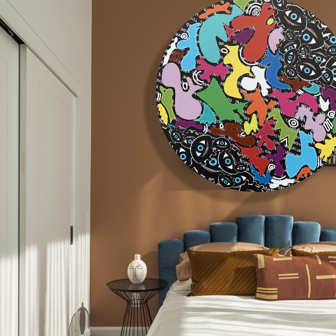 ROXEHA Tableau rond mandala pop art tableau support décoration intérieure lumière tableau salon peintre belge expo exposition artiste belge matière décoration exterieur artiste belge décoration d’extérieur jardin déco extérieure decoration exterieures artistes belges original peinture couleurs limited edition rond cool frenchie french bulldog manneken pis peace surf surfeur sea board chill wind waves cloud clouds sun sunny love is the key trippy eyes
