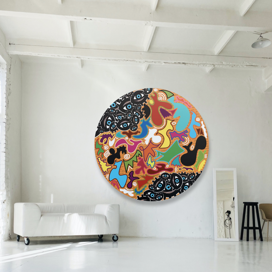 ROXEHA Tableau rond mandala pop art tableau support décoration intérieure lumière tableau salon peintre belge expo exposition artiste belge matière décoration exterieur artiste belge décoration d’extérieur jardin déco extérieure decoration exterieures artistes belges original peinture couleurs limited edition rond cool frenchie french bulldog manneken pis peace surf surfeur sea board chill wind waves cloud clouds sun sunny love is the key trippy eyes