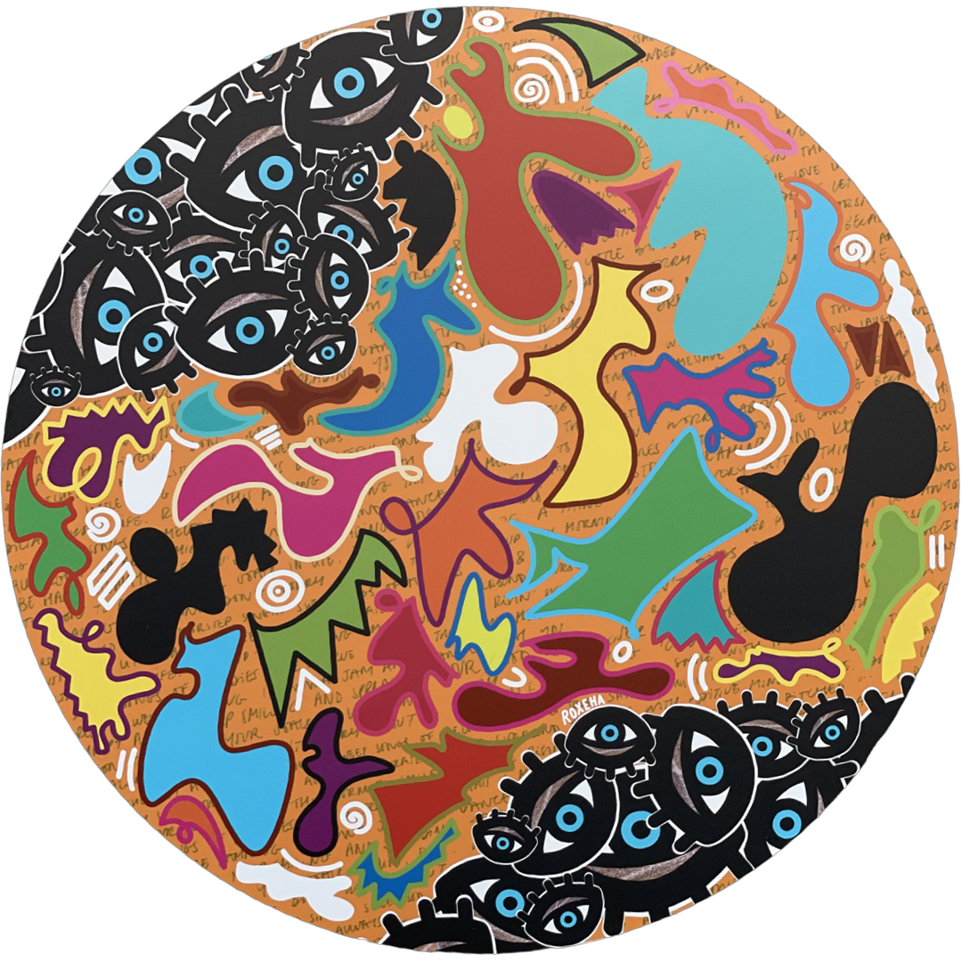 ROXEHA Tableau rond mandala pop art tableau support décoration intérieure lumière tableau salon peintre belge expo exposition artiste belge matière décoration exterieur artiste belge décoration d’extérieur jardin déco extérieure decoration exterieures artistes belges original peinture couleurs limited edition rond cool frenchie french bulldog manneken pis peace surf surfeur sea board chill wind waves cloud clouds sun sunny love is the key trippy eyes