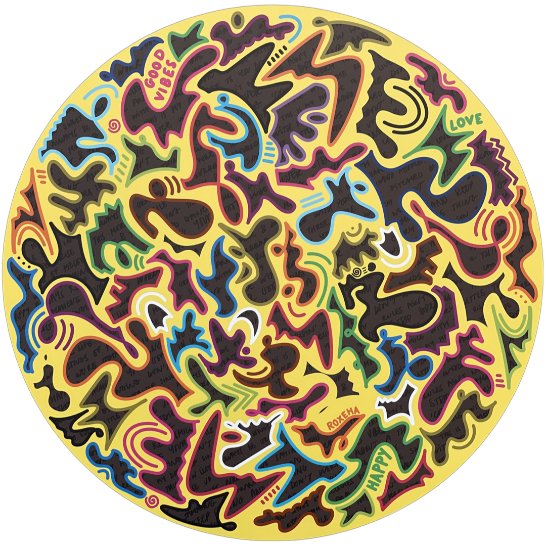 ROXEHA Tableau rond mandala pop art tableau support décoration intérieure lumière tableau salon peintre belge expo exposition artiste belge matière décoration exterieur artiste belge décoration d’extérieur jardin déco extérieure decoration exterieures artistes belges original peinture couleurs limited edition rond cool frenchie french bulldog manneken pis peace surf surfeur sea board chill wind waves cloud clouds sun sunny LOVE IS THE KEY