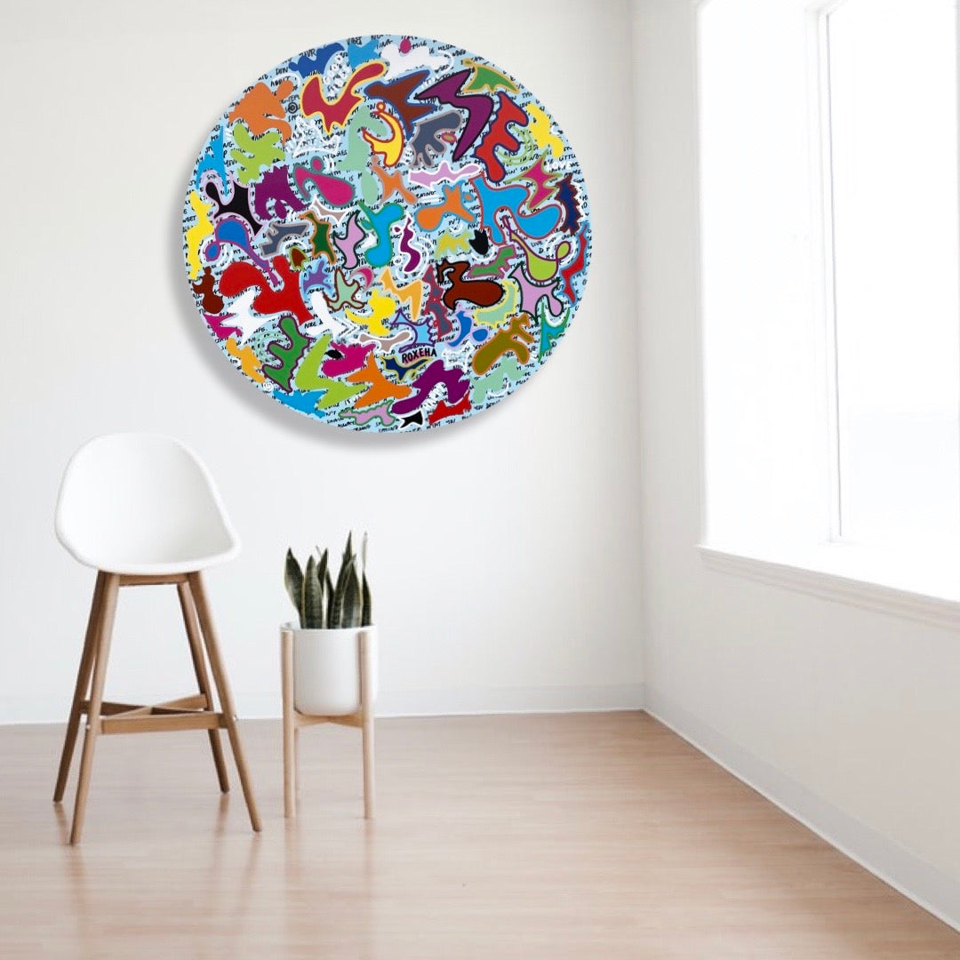ROXEHA Tableau rond mandala pop art tableau support décoration intérieure lumière tableau salon peintre belge expo exposition artiste belge matière décoration exterieur artiste belge décoration d’extérieur jardin déco extérieure decoration exterieures artistes belges original peinture couleurs limited edition rond cool