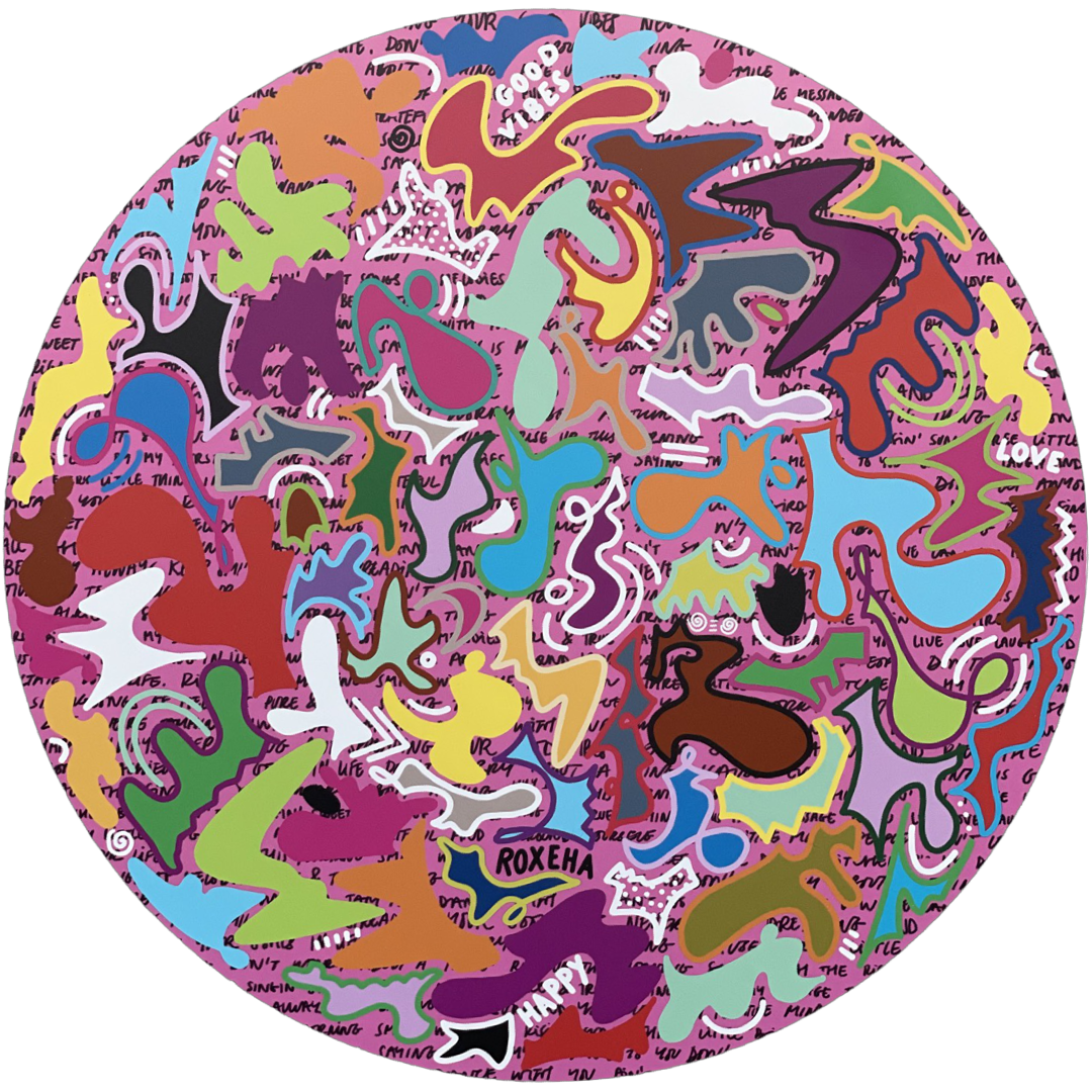 ROXEHA Tableau rond mandala pop art tableau support décoration intérieure lumière tableau salon peintre belge expo exposition artiste belge matière décoration exterieur artiste belge décoration d’extérieur jardin déco extérieure decoration exterieures artistes belges original peinture couleurs limited edition rond cool frenchie french bulldog manneken pis peace surf surfeur sea board chill wind waves cloud clouds sun sunny love is the key trippy eyes
