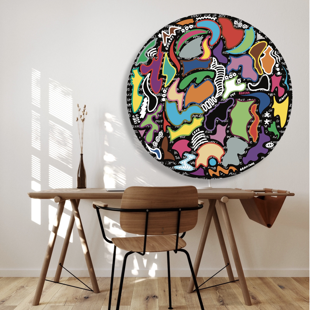 ROXEHA Tableau rond mandala pop art tableau support décoration intérieure lumière tableau salon peintre belge expo exposition artiste belge matière décoration exterieur artiste belge décoration d’extérieur jardin déco extérieure decoration exterieures artistes belges original peinture couleurs limited edition rond cool