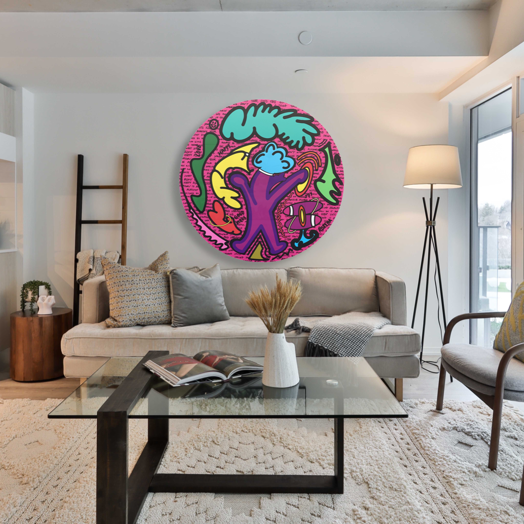 ROXEHA Tableau rond mandala pop art tableau support décoration intérieure lumière tableau salon peintre belge expo exposition artiste belge matière décoration exterieur artiste belge décoration d’extérieur jardin déco extérieure decoration exterieures artistes belges original peinture couleurs limited edition rond cool frenchie french bulldog manneken pis peace surf surfeur sea board chill wind waves cloud clouds sun sunny