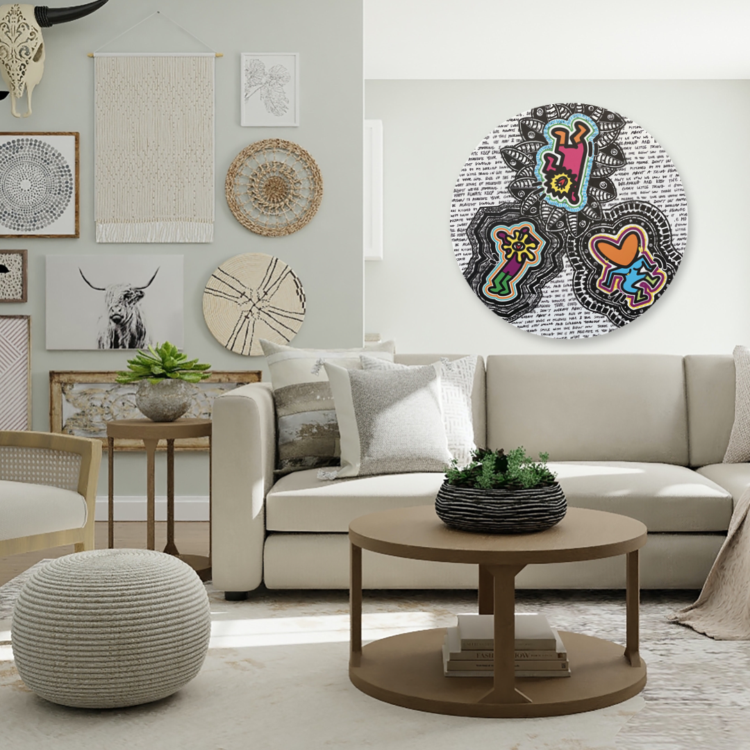 ROXEHA Tableau rond mandala pop art tableau support décoration intérieure lumière tableau salon peintre belge expo exposition artiste belge matière décoration exterieur artiste belge décoration d’extérieur jardin déco extérieure decoration exterieures artistes belges original peinture couleurs limited edition rond cool frenchie french bulldog manneken pis peace surf surfeur sea board chill wind waves cloud clouds sun sunny love is the key trippy eyes