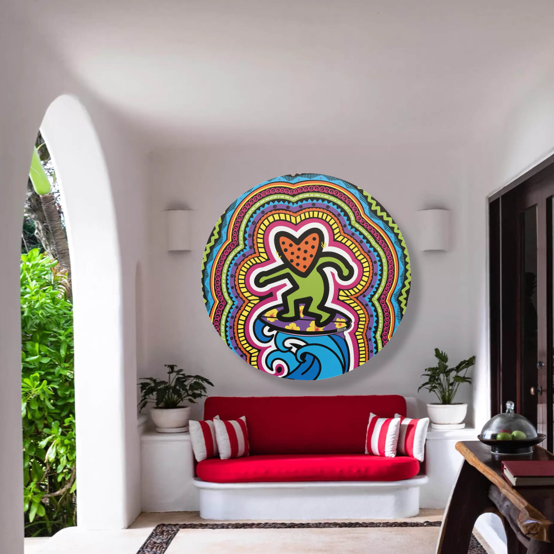 ROXEHA Tableau rond mandala pop art tableau support décoration intérieure lumière tableau salon peintre belge expo exposition artiste belge matière décoration exterieur artiste belge décoration d’extérieur jardin déco extérieure decoration exterieures artistes belges original peinture couleurs limited edition rond cool frenchie french bulldog manneken pis peace surf surfeur sea board chill wind
