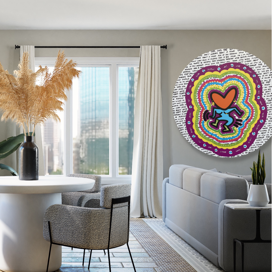 ROXEHA Tableau rond mandala pop art tableau support décoration intérieure lumière tableau salon peintre belge expo exposition artiste belge matière décoration exterieur artiste belge décoration d’extérieur jardin déco extérieure decoration exterieures artistes belges original peinture couleurs limited edition rond cool frenchie french bulldog manneken pis peace surf surfeur sea board chill wind waves cloud clouds sun sunny LOVE IS THE KEY