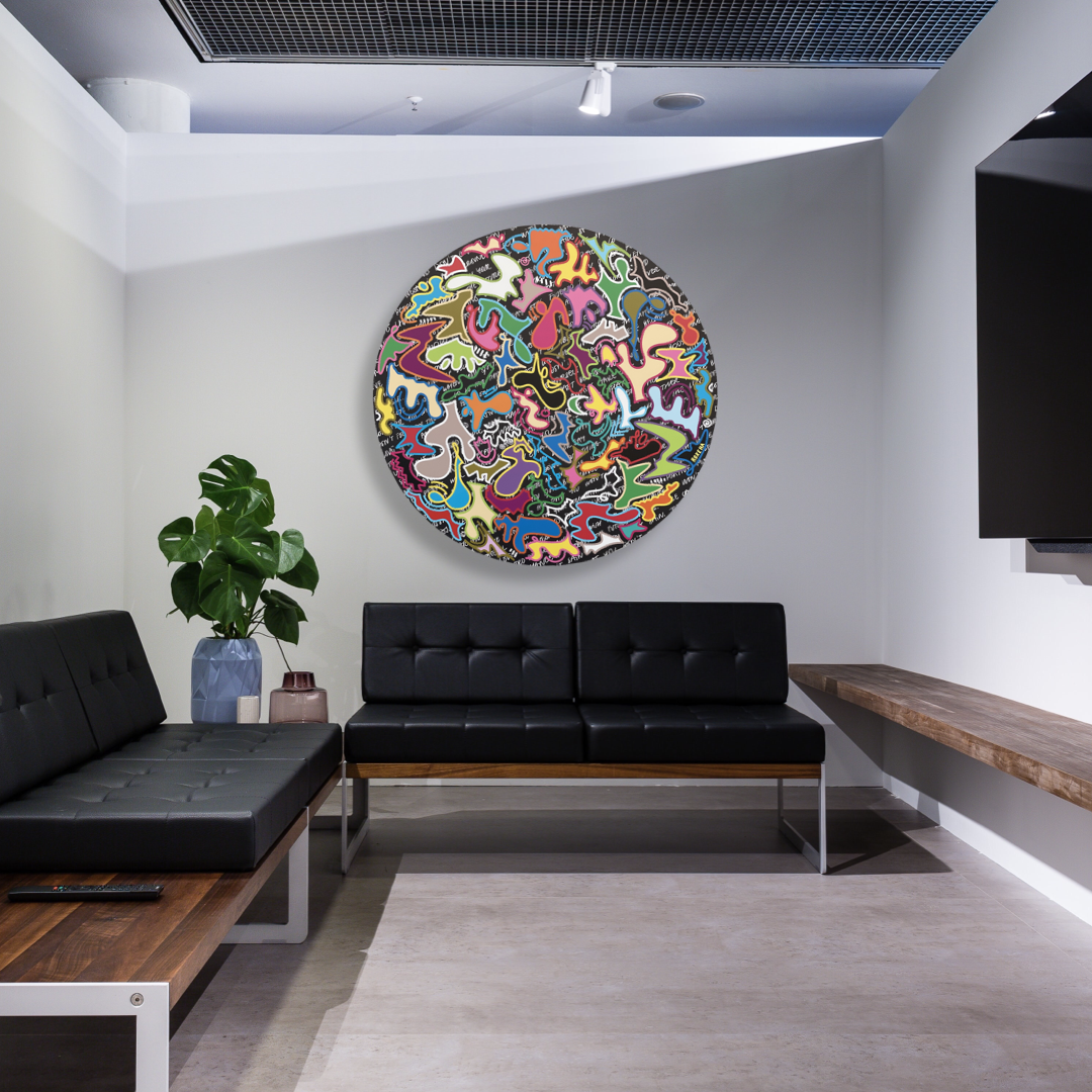 ROXEHA Tableau rond mandala pop art tableau support décoration intérieure lumière tableau salon peintre belge expo exposition artiste belge matière décoration exterieur artiste belge décoration d’extérieur jardin déco extérieure decoration exterieures artistes belges original peinture couleurs limited edition rond cool