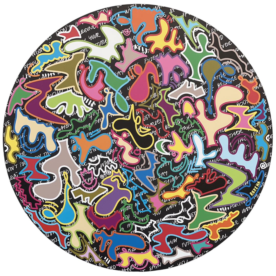 ROXEHA Tableau rond mandala pop art tableau support décoration intérieure lumière tableau salon peintre belge expo exposition artiste belge matière décoration exterieur artiste belge décoration d’extérieur jardin déco extérieure decoration exterieures artistes belges original peinture couleurs limited edition rond cool