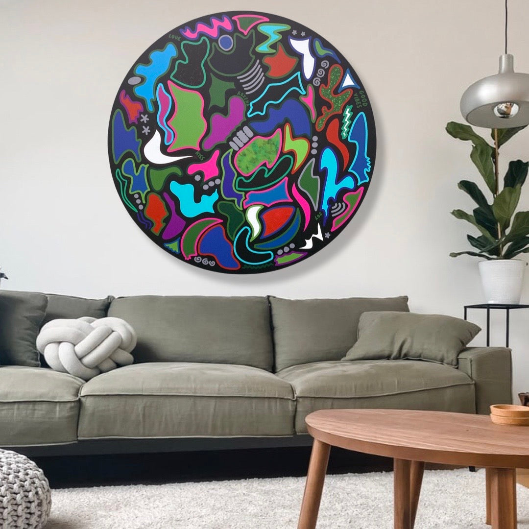 ROXEHA Tableau rond mandala pop art tableau support décoration intérieure lumière tableau salon peintre belge expo exposition artiste belge matière décoration exterieur artiste belge décoration d’extérieur jardin déco extérieure decoration exterieures artistes belges original peinture couleurs limited edition rond cool
