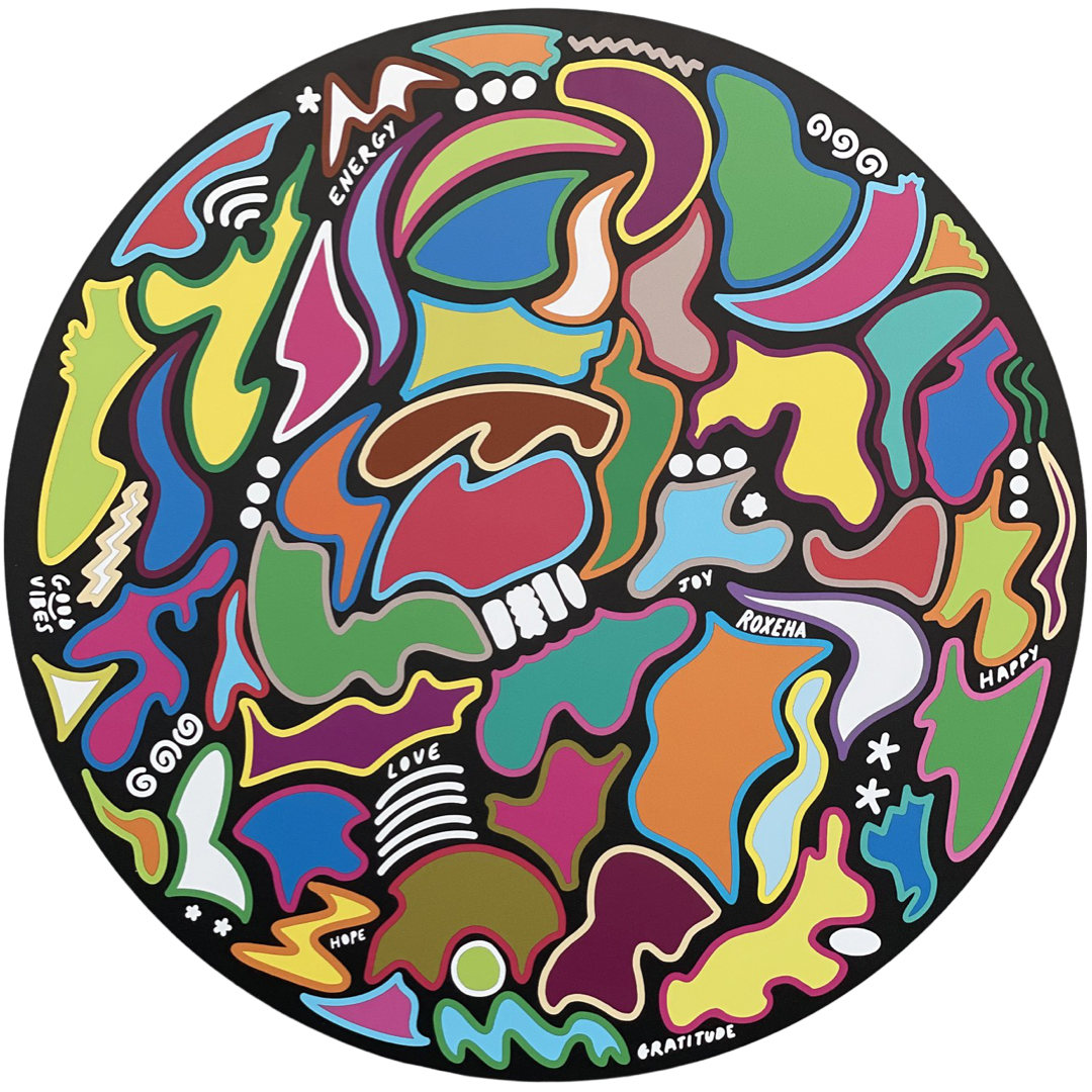 ROXEHA Tableau rond mandala pop art tableau support décoration intérieure lumière tableau salon peintre belge expo exposition artiste belge matière décoration exterieur artiste belge décoration d’extérieur jardin déco extérieure decoration exterieures artistes belges original peinture couleurs limited edition rond cool frenchie french bulldog manneken pis peace surf surfeur sea board chill wind waves cloud clouds sun sunny love is the key trippy