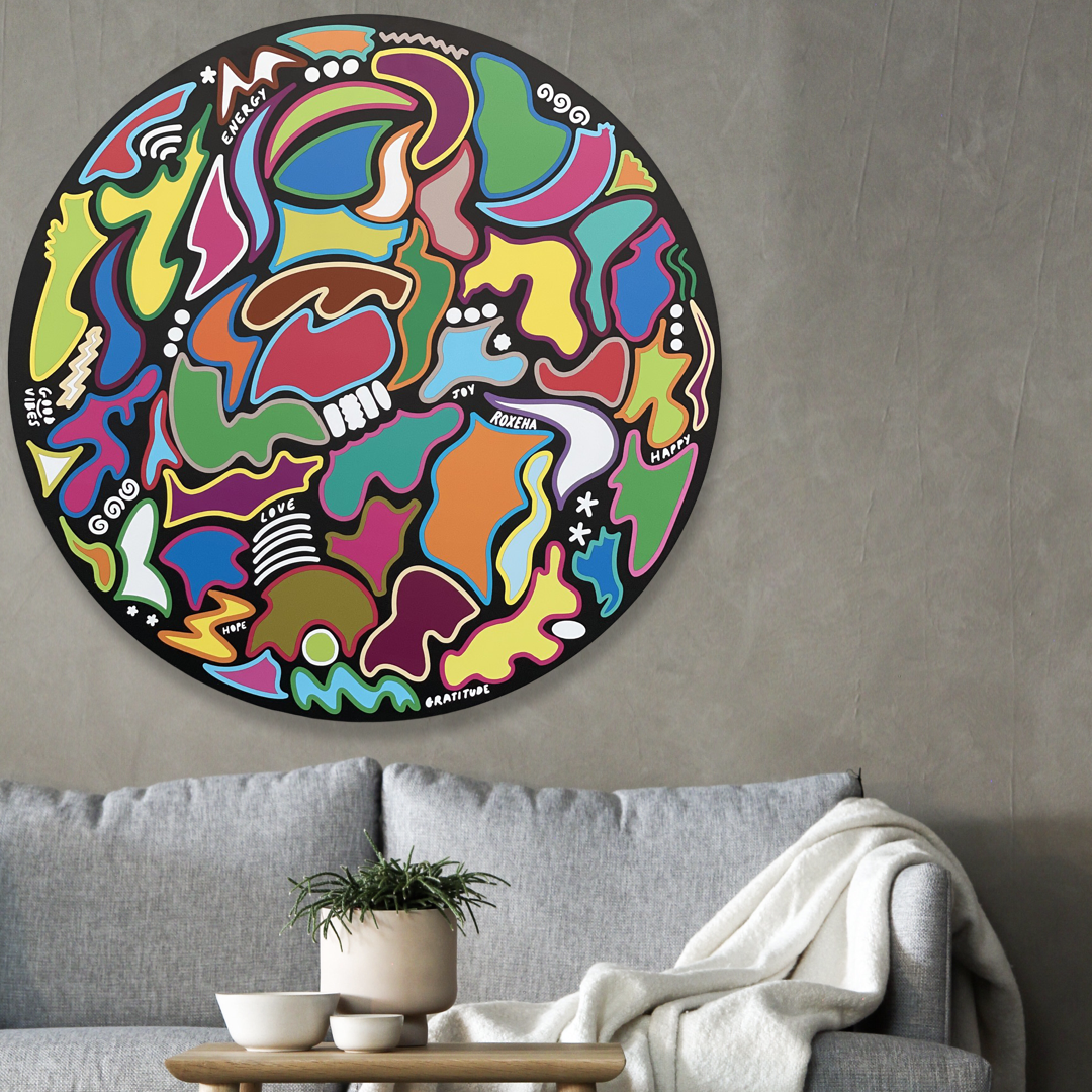 ROXEHA Tableau rond mandala pop art tableau support décoration intérieure lumière tableau salon peintre belge expo exposition artiste belge matière décoration exterieur artiste belge décoration d’extérieur jardin déco extérieure decoration exterieures artistes belges original peinture couleurs limited edition rond cool frenchie french bulldog manneken pis peace surf surfeur sea board chill wind waves cloud clouds sun sunny love is the key trippy